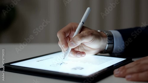 Man Signing Digital Contract On Tablet With Stylus In Dark Room Elegant Silver Wristwatch And Blue Suit Jacket Under Soft Lighting