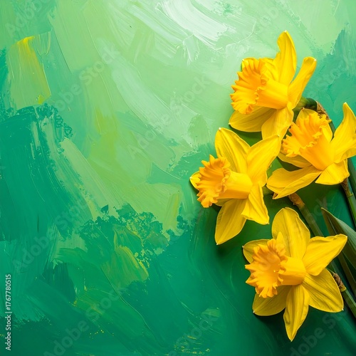 Yellow daffodils on a vibrant green background