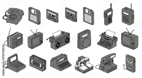 Collection of vintage electronic devices and retro technology icons presented in a clean isometric illustration style on a white background