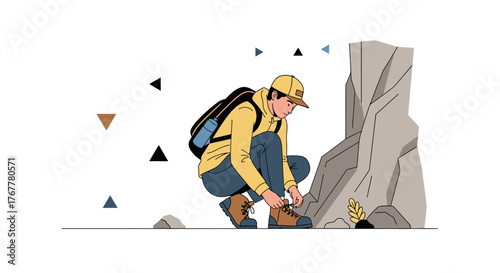 Hiker Preparing His Boots Before Ascending A Mountain Or Exploring a Rocky Terrain