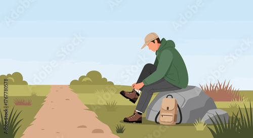 Hiker Preparing His Boots And Planning Its Ascent In The Breathtaking Landscape