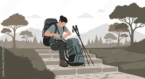 Hiker Preparing His Backpack Resting On Steps With Mountainous Scenery In The Background