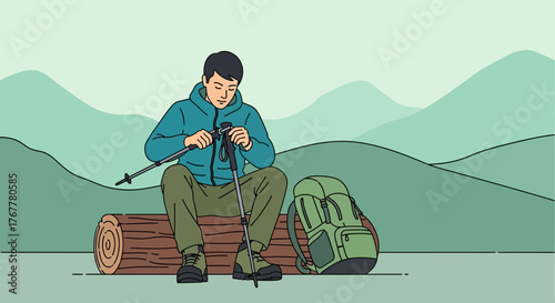 Hiker Preparing His Equipment Before Embarking on a Mountain Trek in Nature