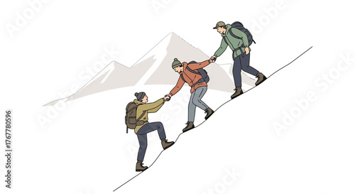 Hikers Supporting Each Other on a Mountain Climb Illustrating Teamwork and Perseverance