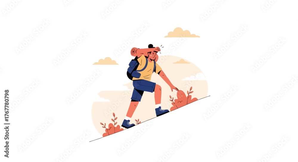 Fototapeta premium Illustration Of A Hiker Climbing A Steep Slope With Backpack Towards A Mountain Summit