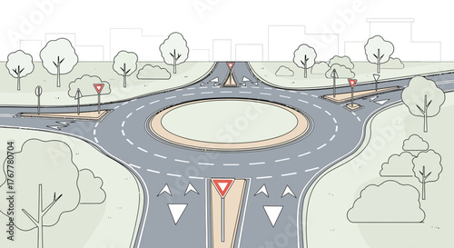 Illustrated Roundabout Design Depicting Urban and Suburban Elements with a Neutral Color Scheme