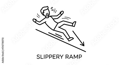 Illustration Depicting a Person Slipping on a Wet Ramp, Suggesting a Safety Hazard Situation