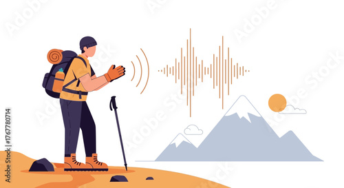 Hiker Using Sound Waves Technology To Interact With The Natural Environment On A Mountain