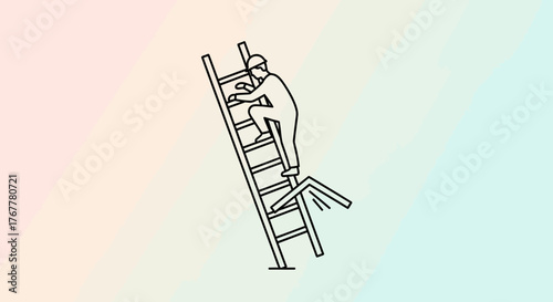 Illustration Of A Construction Worker Climbing A Broken Ladder With An Undulating Gradient