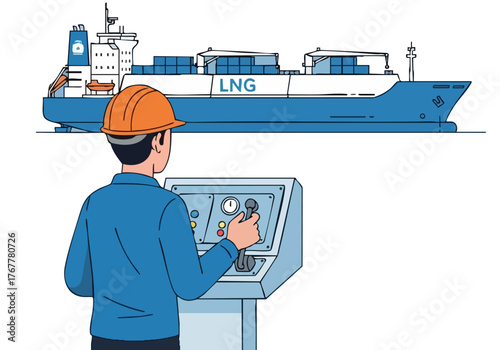 A worker monitors an LNG carrier, adjusting controls. Clear composition, professional setting. Ideal for business and logistics visuals.