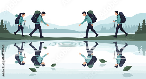 Hikers Adventure Near a Lake During the Day with Mountain Background Illustrative Design