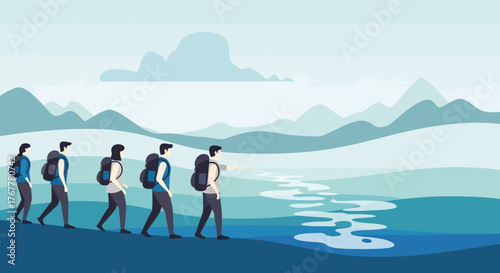 Hikers Adventure Towards a Distant Mountain Range, Exploring the Unknown Terrain