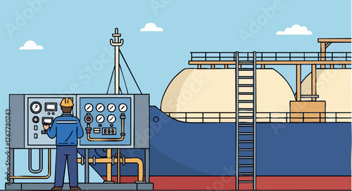 A worker monitors controls on a large oil tanker's troubleshooting tank. Clear composition, modern style, and a focused professional. Suitable for business and industrial themes.