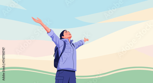Illustration Of A Happy Person Enjoying Outdoor Adventure With Open Arms And Backpack