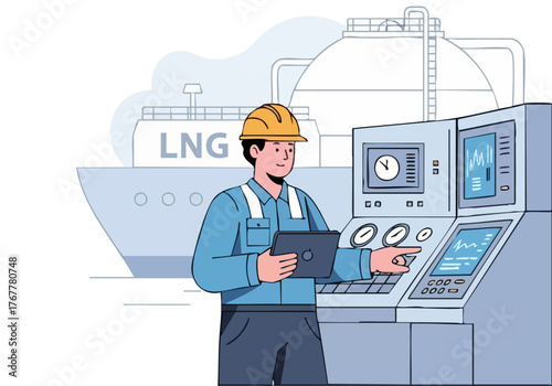 A worker monitors an LNG facility, using a tablet at a control panel. Modern illustration style, conveying industrial operations and technology. Clean, professional aesthetic.