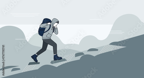 Illustration Of A Hiker Ascending a Hill, Depicting Adventure And Perseverance