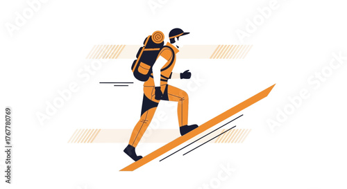 Illustration Of A Hiker Ascending A Slope Against A White Background, Active Outdoors