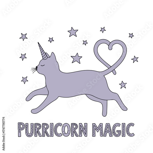 Whimsical light purple cat with a unicorn horn and a heart shaped tail surrounded by stars celebrating purrfect magic