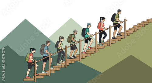 Hikers Ascending Elevated Staircase Towards Mountain Peaks Exemplifying Perseverance and Resolve