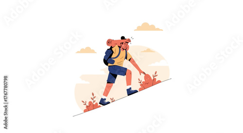 Illustration Of A Hiker Climbing A Steep Slope With Backpack Towards A Mountain Summit
