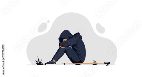 Illustration Of A Person Suffering Depression And Sadness Sitting In The Ground