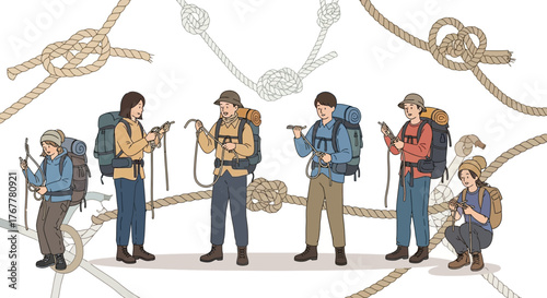Hikers Mastering Rope Techniques and Preparing for Mountaineering Expeditions Together