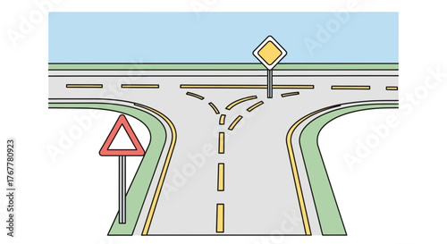 Illustration Of A Road Divergence Point With Warning And Priority Traffic Signs