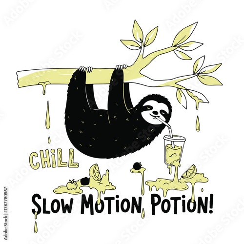 Cute cartoon sloth hanging upside down from a tree branch enjoying a slow motion potion with dripping liquid and leaves