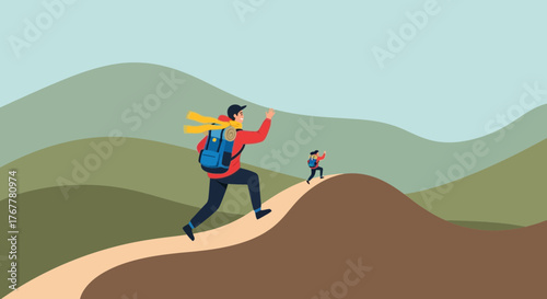 Illustration Of Father And Daughter Hiking The Mountain With Backpack, Cartoon Artwork