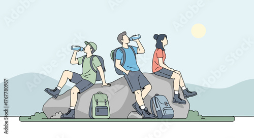 Hikers Refreshing With Hydration While Enjoying a Sunny Break on a Rock