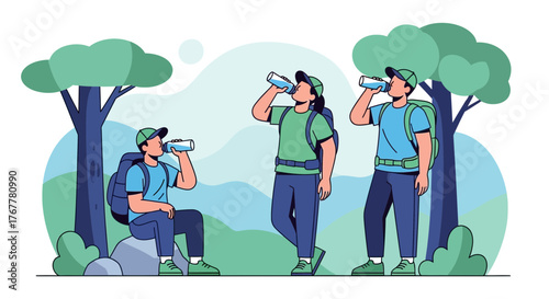 Hikers Refreshing Through Hydration Amongst Nature's Beauty Amidst Refreshing Beverages