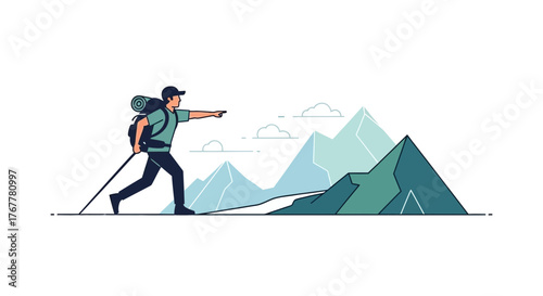Illustration Of Hiker Explores Mountainous Trail During Hiking Adventure