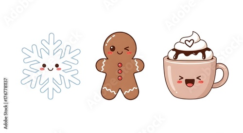 Kawaii winter holiday icons featuring a happy snowflake, winking gingerbread man, and smiling hot cocoa mug.