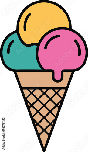 Three scoop ice cream cone with yellow teal and pink flavors dessert sweet