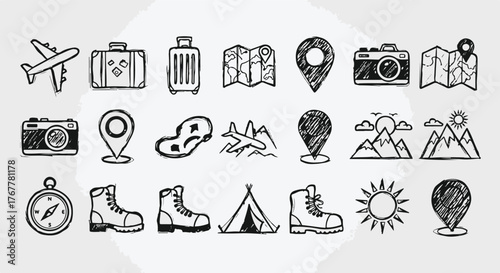 Collection of hand drawn doodle icons representing travel and adventure including an airplane luggage maps camera compass boots tent sun and location pins