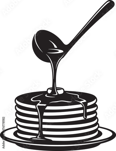 Stack of pancakes with syrup being poured from a ladle silhouette