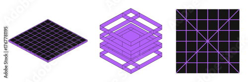 Purple wireframe platforms, isometric lattice slabs, digital construction frames, retro tech aesthetic, modular grid system, sleek vector set