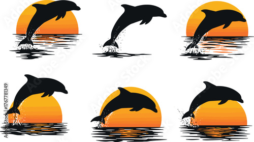Beautiful jumping dolphins in sunset ocean silhouette, tropical sea life illustration, marine wildlife art design, summer beach landscape background