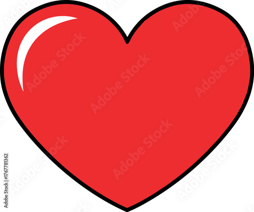 A vibrant red heart, symbolizing love, passion, and affection, with a glossy finish and bold black outline
