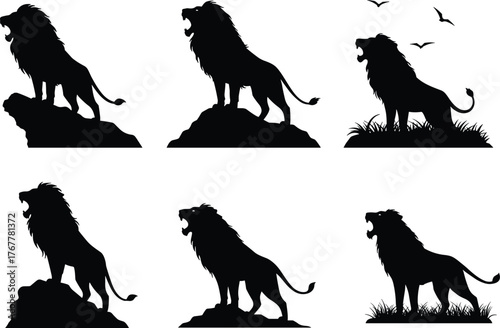 Majestic lion silhouette roaring on rock, wildlife king illustration, safari jungle animal art design, powerful predator nature background