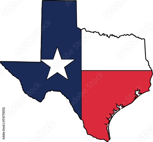 Outline of Texas map filled with the colors and star of the Texas flag, representing the state's identity and heritage