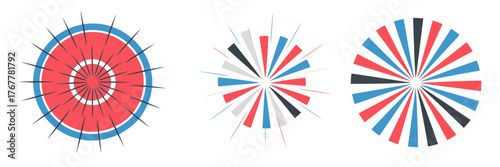 Circular star ray burst, radial spokes with gradient, pinwheel rosette accent, festive fireworks collection, patriotic palette vector
