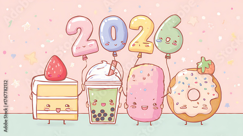 2D kawaii-style illustration of food characters (cake, boba, donut) holding 