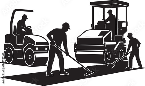 "Black and White Road Construction Illustration with Workers and Machinery – Infrastructure Development Concept"