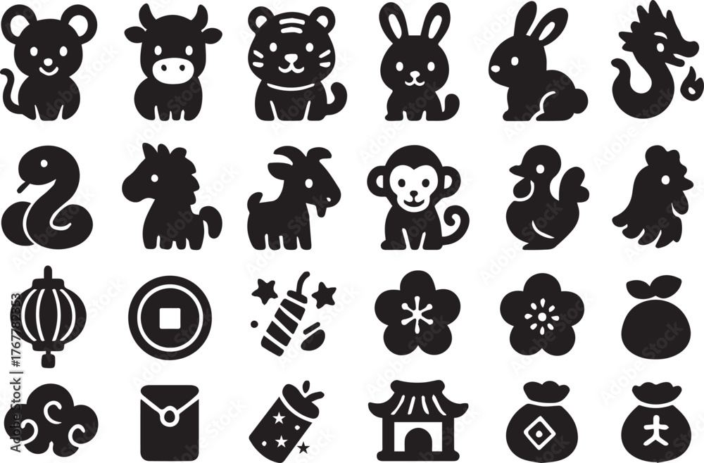 Obraz premium Chinese zodiac signs and lunar new year icons isolated on white background set of traditional symbols, including rat, ox, tiger, rabbit, dragon, snake, horse, goat, monkey, rooster, dog, and pig