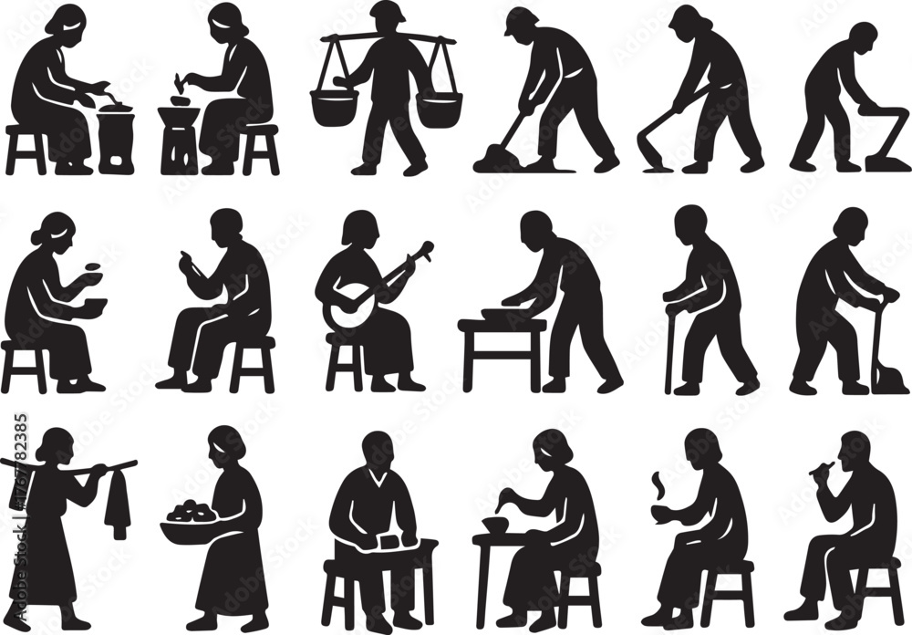 Naklejka premium Silhouette vector art depicting various chinese farmers and workers engaged in traditional activities, showcasing rural life and labor in a vintage, illustrative style