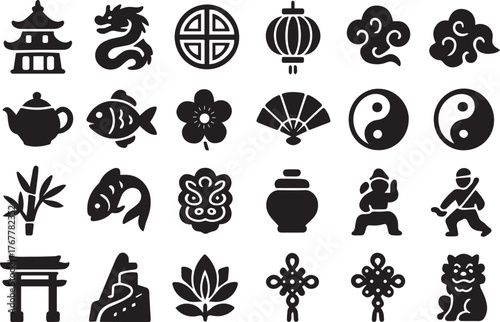Chinese new year icons isolated on white background set of traditional symbols, including pagoda, dragon, ornament, lantern, cloud, teapot, fish, flower, fan, and yin yang