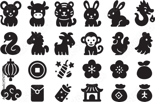 Chinese zodiac signs and lunar new year icons isolated on white background set of traditional symbols, including rat, ox, tiger, rabbit, dragon, snake, horse, goat, monkey, rooster, dog, and pig