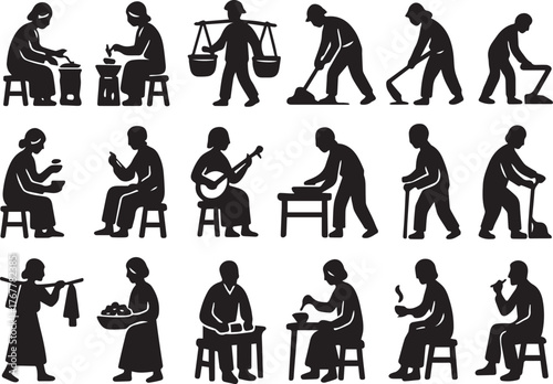Silhouette vector art depicting various chinese farmers and workers engaged in traditional activities, showcasing rural life and labor in a vintage, illustrative style