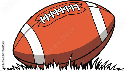 Orange American football with white stripes resting on stylized grass sport game